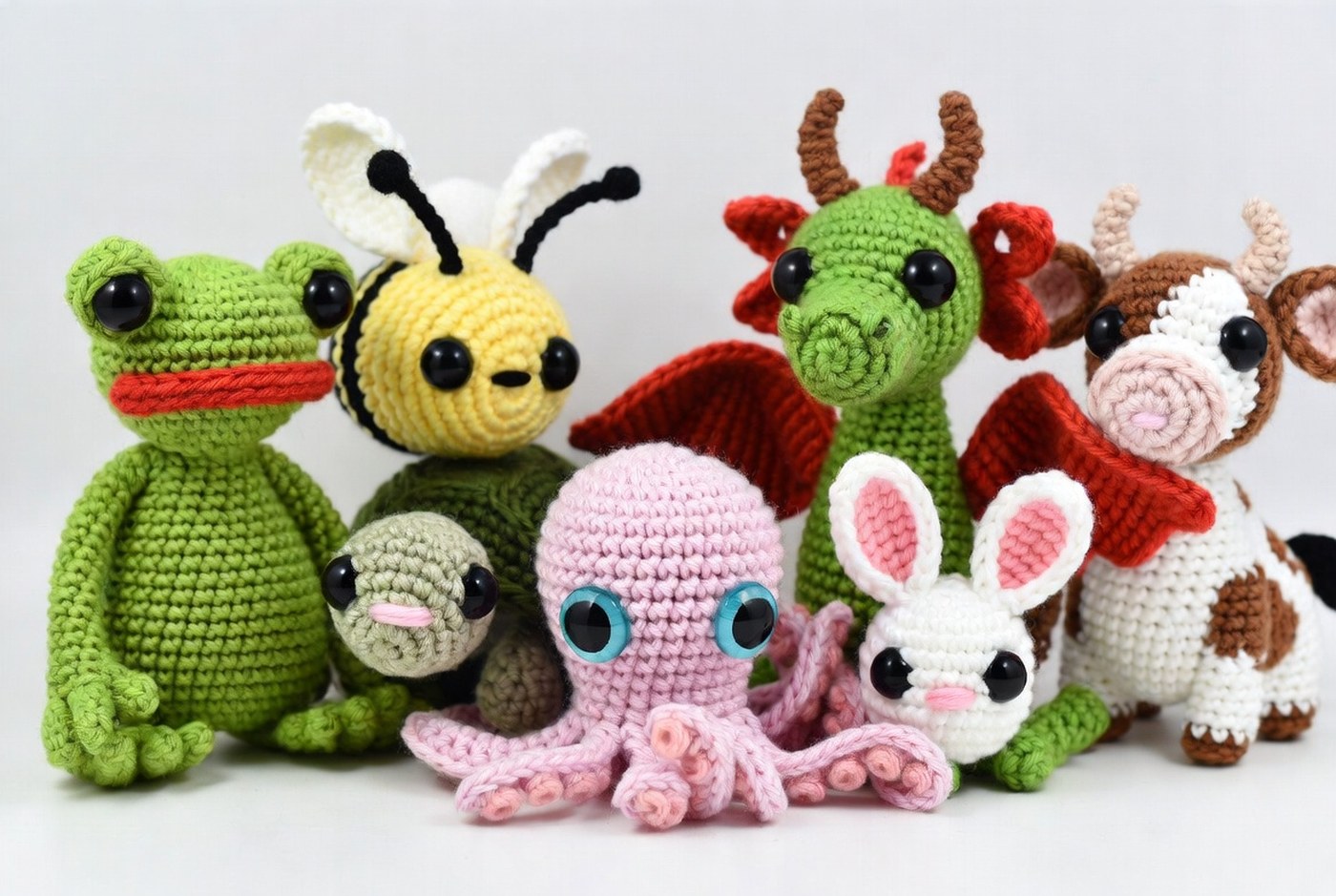 A lineup of crochet animals including a frog, bee, turtle, octopus, bunny, dragon, and cow